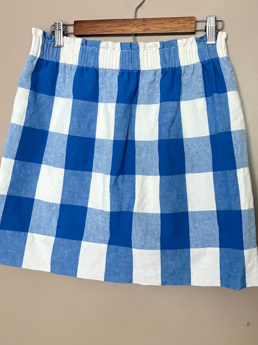 J.Crew Linen-Cotton Mini Skirt blue & white oversized gingham checkers sz S EUC - Picture 6 of 14